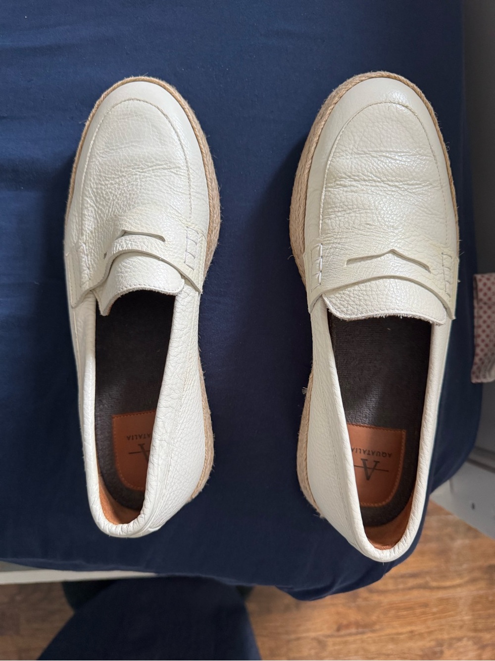 Aquatalia Cream Leather Penny Loafers with Jute Trim